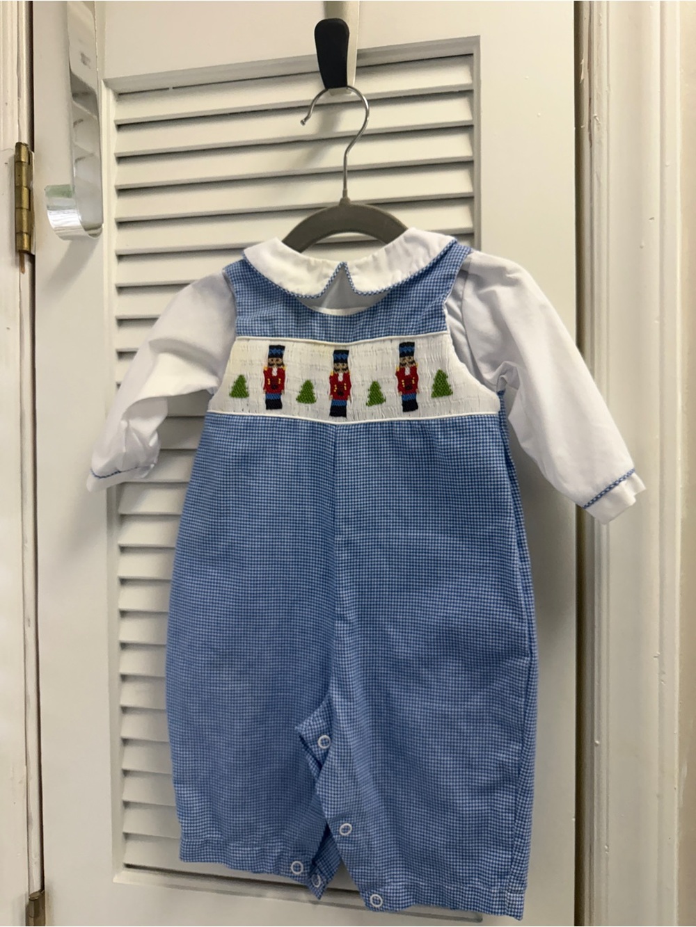 Petit Ami Blue Gingham Smocked Nutcracker Romper with White Collar